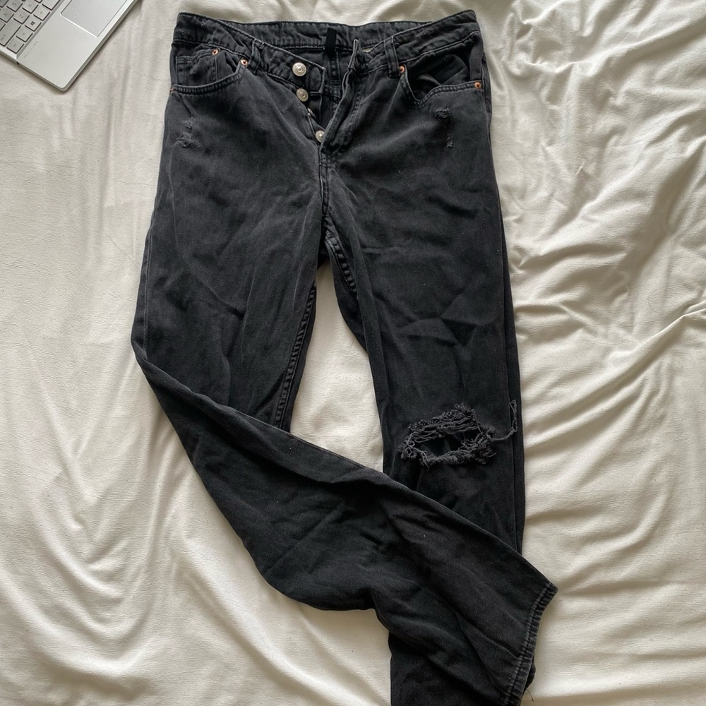 H&M Black Straight Leg Jeans with Distressed Knee